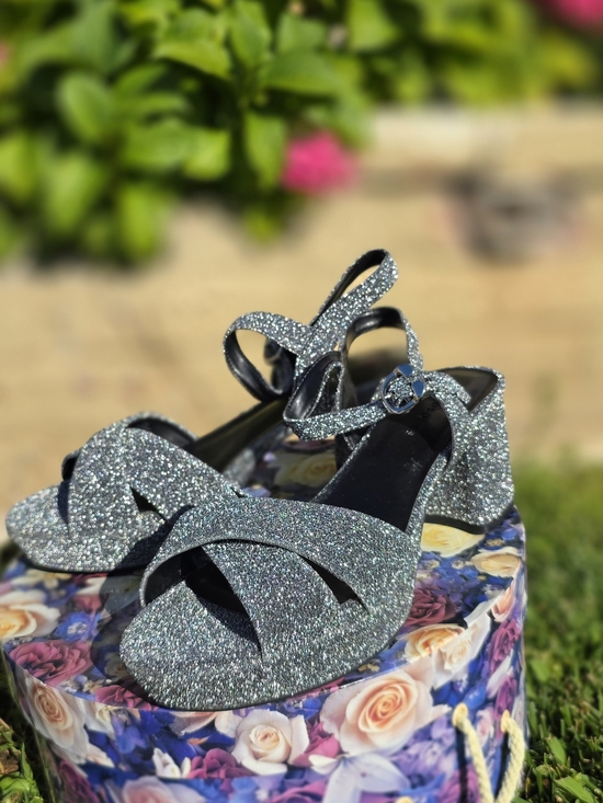 AEROSOLES Shoes - AEROSOLES Silver Glitter Ankle-Strap Block Heels